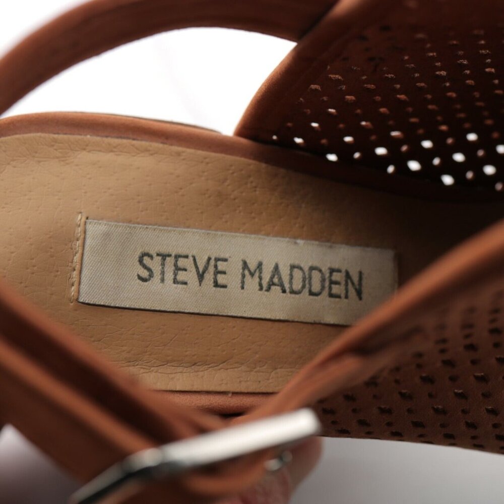 Steve Madden Womens Neptune Sandal Size 8.5 Brown Leather Block Heel Peep Toe - Picture 11 of 12
